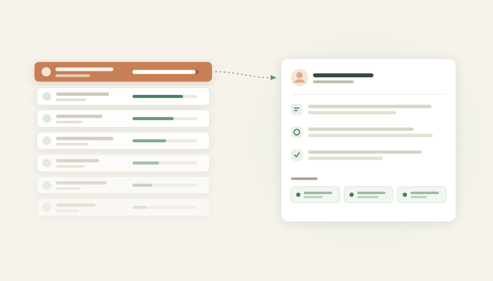 Illustration of donor records moving from one system to several alternatives, with one item flagged as needing attention.